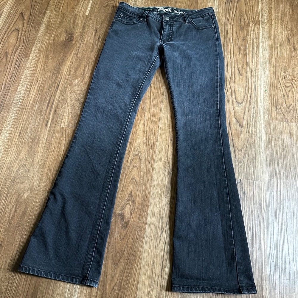 Rock 47 Wrangler Flare Jeans Womens 7x36 Black Good Ultra Low Rise Rhinestone